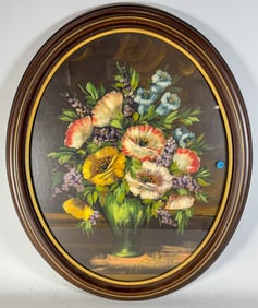 STILL LIFE WITH VASE AND FLOWERS IN OVAL FRAME SIGNED ELLWOOD, 32" X 25" FRAMED AND 27" X 21" SIGHT