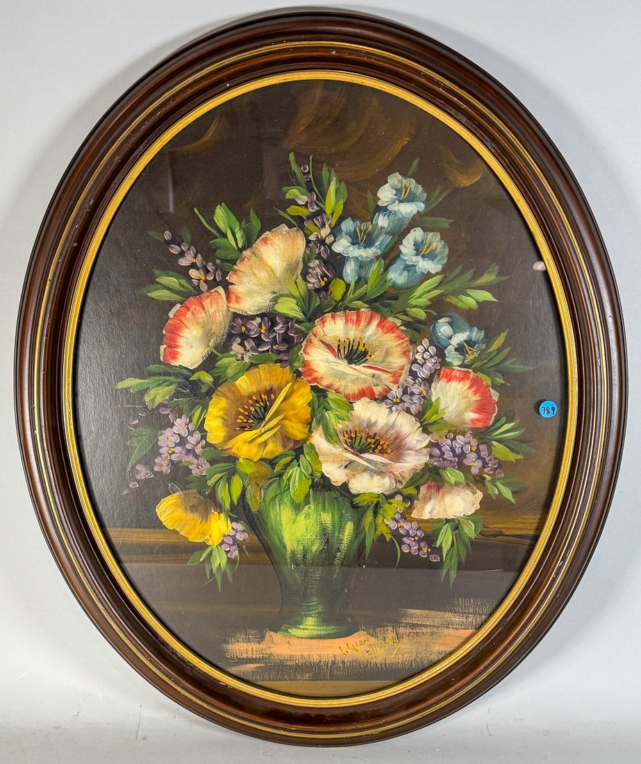 STILL LIFE WITH VASE AND FLOWERS IN OVAL FRAME SIGNED ELLWOOD, 32" X 25" FRAMED AND 27" X 21" SIGHT (1 of 6)