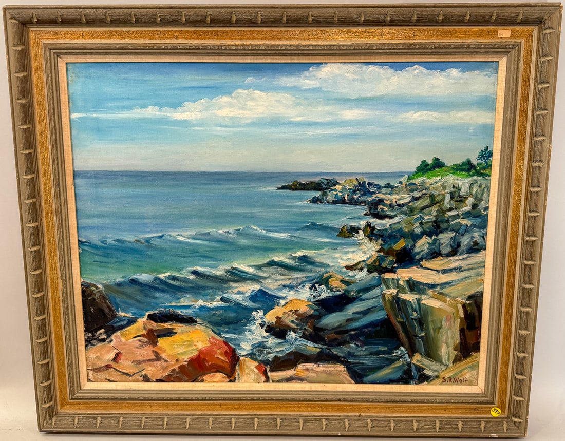 S.R. WOLF OIL ON CANVAS PAINTING OF A SEASCAPE, 31" X 37" FRAMED AND 23" X 30" SIGHT: S.R. WOLF OIL ON CANVAS PAINTING OF A SEASCAPE, 31" X 37" FRAMED AND 23" X 30" SIGHT
