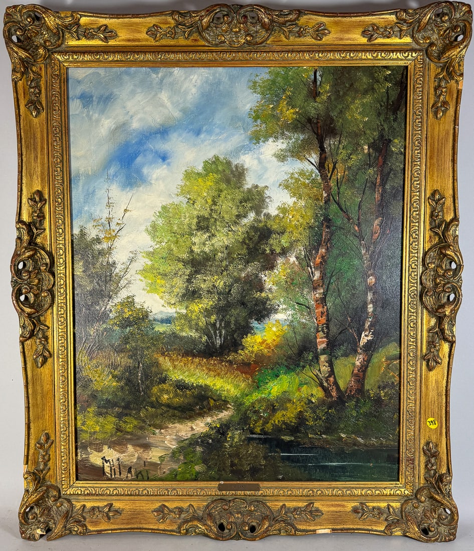GINO MILANI LANDSCAPE WITH TREES MID 20TH CENTURY, 30" X 36"FRAMED AND 23" X 29" SIGHT: GINO MILANI LANDSCAPE WITH TREES MID 20TH CENTURY, 30" X 36"FRAMED AND 23" X 29" SIGHT