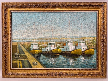 IMPRESSIONIST PAINTING ON CANVAS "TUGBOATS" SIGNED ILLEGIBLY LOWER RIGHT. 31" X 44" FRAMED AND 23" X