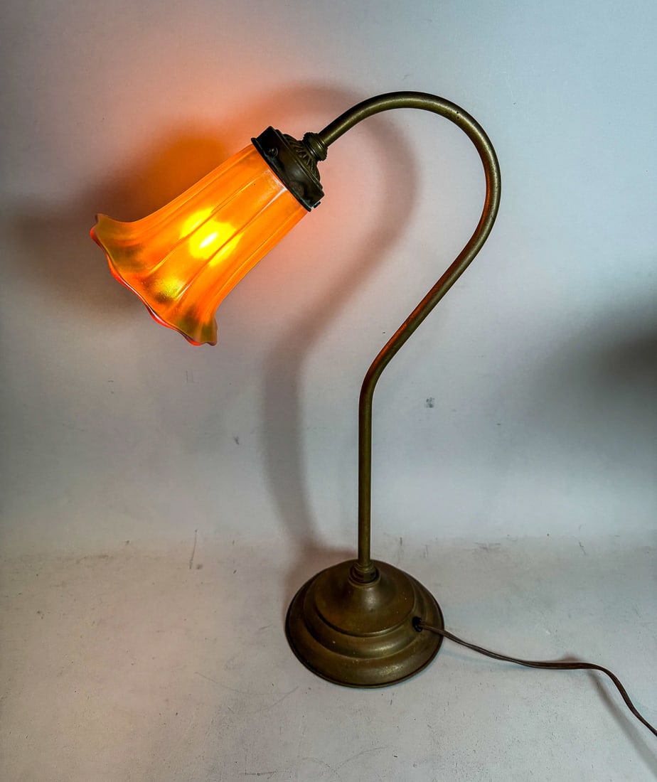 ANTIQUE BRASS DESK LAMP W/ QUETZAL ART GLASS SHADE, 11" DIAMETER X 19" TALL (1 of 5)