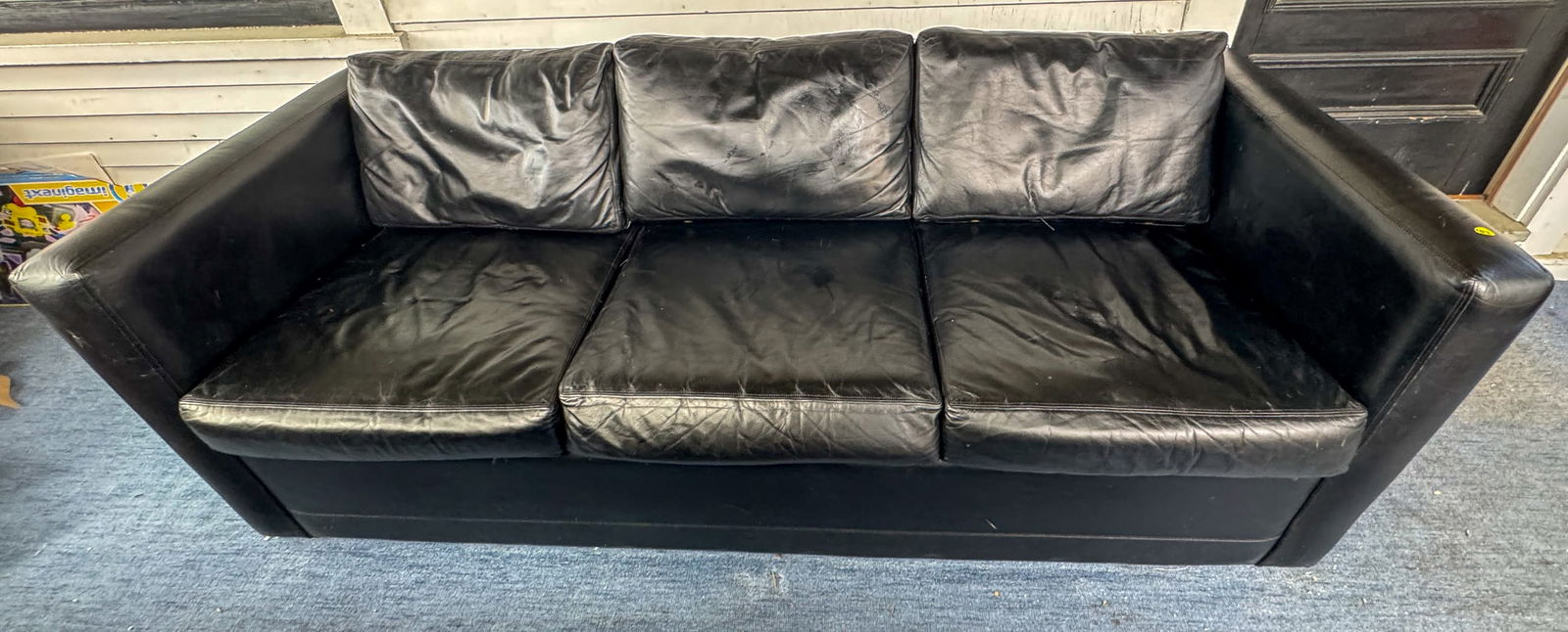 MIDCENTURY MODERN BLACK LEATHER SOFA, 81" LONG X 34 DEEP X 28 TALL (1 of 7)