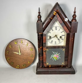 ANTIQUE STEEPLE CLOCK AND AN MCM CLOCK, 18" TALL AND 8.5" DIAMETER