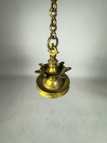 BRASS SHABBOS HANGING OIL LAMP, 5" X 5" X 7" PLUS CHAIN