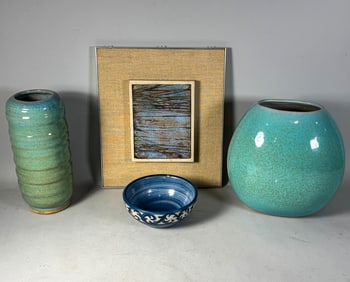 2 PIECES GLIDDEN ART POTTERY AND ENAMELED MCM PLAQUE, B. ISHOD. 10" TALL, 10" TALL, 6" DIAMETER, AND