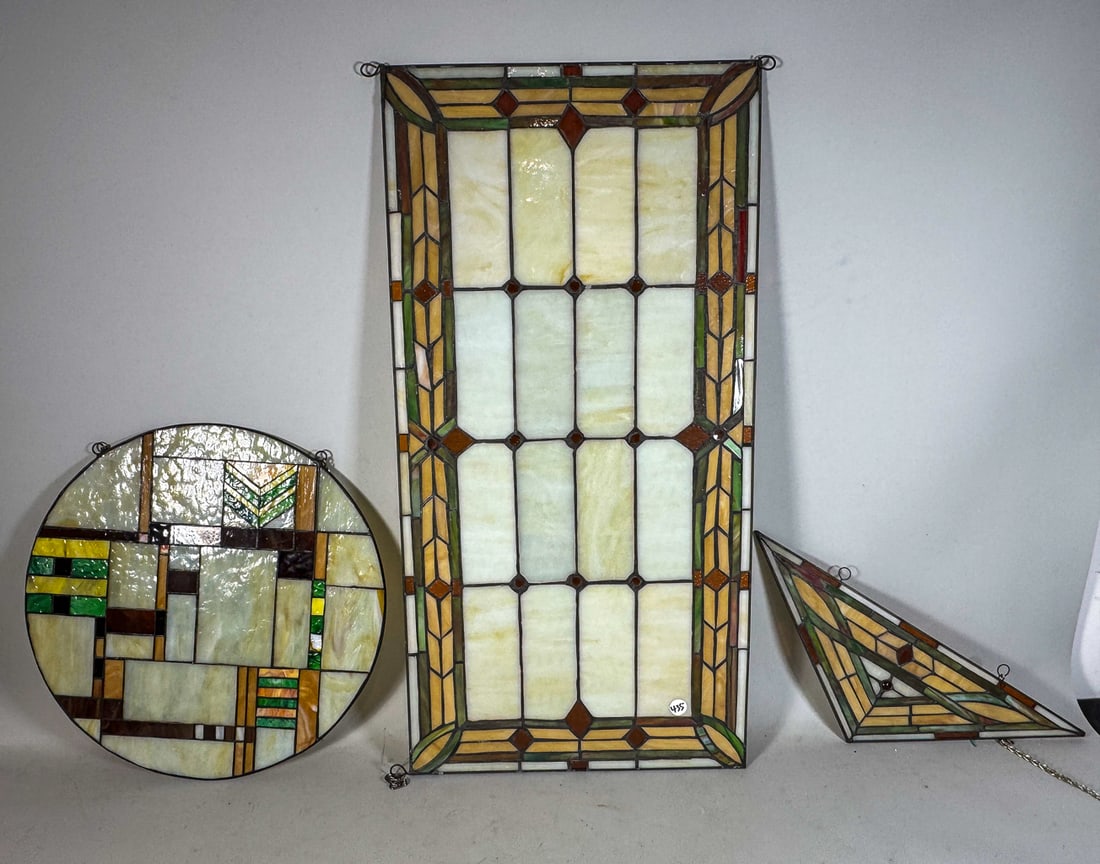 3 PIECES FRANK LOYD WRIGHT STYLE STAINED GLASS 18" X 30" AND SMALLER: 3 PIECES FRANK LOYD WRIGHT STYLE STAINED GLASS 18" X 30" AND SMALLER