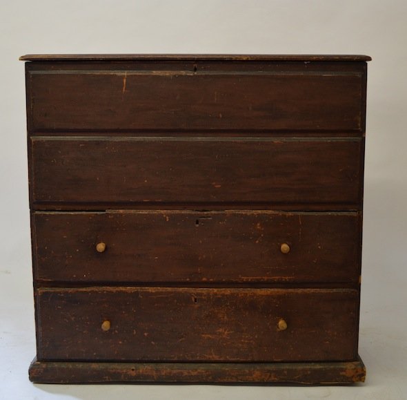 19TH C. 2 DRAWER BLANKET CHEST, OLD RED FINISH: 19TH C. 2 DRAWER BLANKET CHEST, OLD RED FINISH. 40" X 40". BRACKET BASE MISSING.