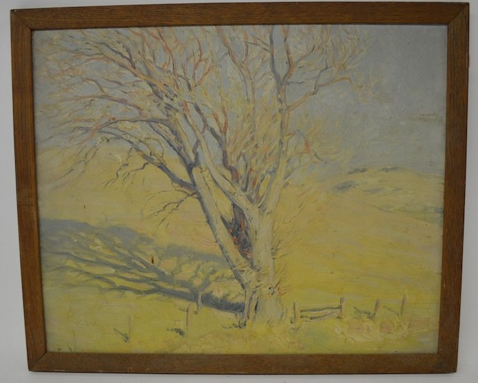 OIL ON PANEL OF TREE BY PROVINCETOWN ARTIST DAVID ERICS: OIL ON PANEL OF TREE BY PROVINCETOWN ARTIST DAVID ERICSON, SIGNED, 1925. FRAME: 18" X 23" SIGHT: 16.5" X 20". SOME NICKS IN FRAME, PAINTING IN GOOD CONDITION, MINOR PAINT LOSS, SOME FLECKS OF DUST/DIR