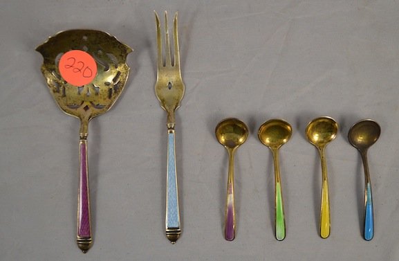 ENAMELED STERLING SILVER SPOONS & FORKS, NORWAY, GEORGE: ENAMELED STERLING SILVER SPOONS & FORKS, NORWAY, GEORGE JENSEN (?)