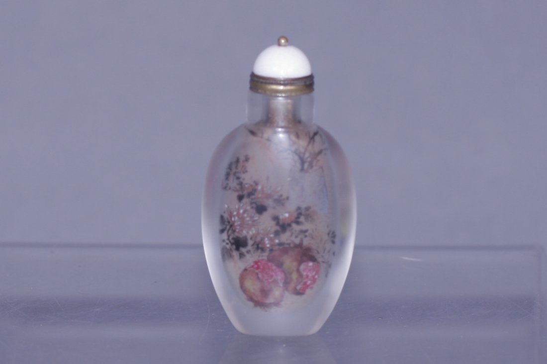 reverse painting on Peking glass signed Zhou Leyuan: reverse painting on glass, with white jade stopper. signed Zhou Leyuan. 3"