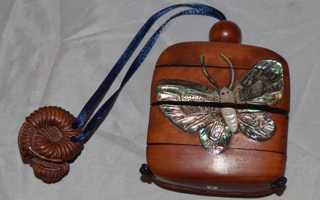 carved wood incense box: japan, 19c, four layer with mounted mother of pearl as butterfly pattern. 3" x 2.5" x 1"