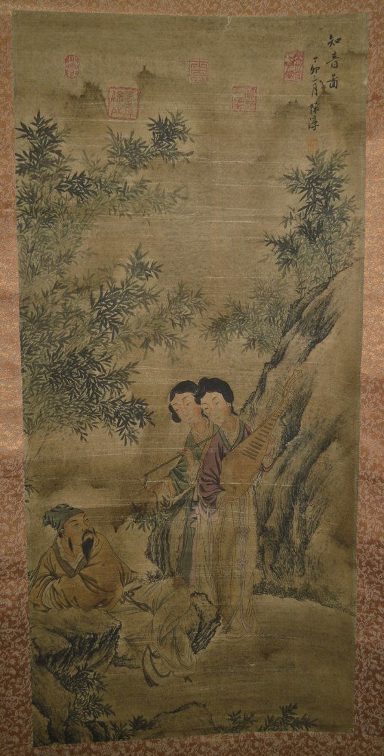 Scorll Of Watercolor Painting: watercolor painting, china, describes with a view of garden, signed Chen Chun. scroll: 69" x 22" painting: 35" x 16"