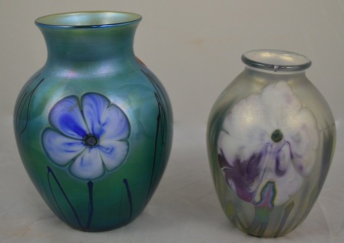 PAIR OF JOSH SIMPSON UNSIGNED FAVRILLE VASES: PAIR OF UNSIGNED JOSH SIMPSON FAVRILLE VASES. 5" X 3.5" AND 4" X 3"