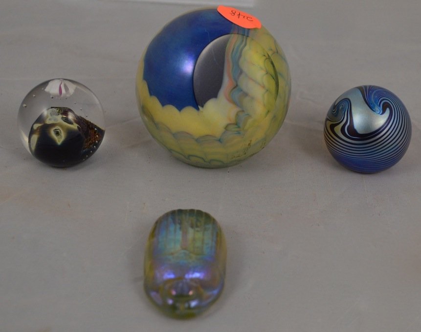 4 SMALL PAPER WEIGHTS- 3 JOSH SIMPSON, 1 SIGNED R. BELL: 4 SMALL PAPER WEIGHTS- 3 JOSH SIMPSON, 1 SIGNED R. BELL. 2 JOSH SIMPSON SIGNED ON BOTTOM. NO DAMAGE EXCEPT FOR SMALL CHIP ON BOTTOM OF BEETLE PAPERWEIGHT.