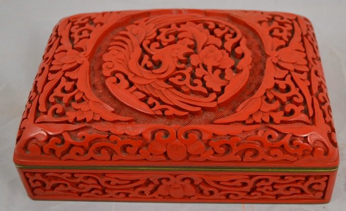 INTRICATELY CARVED CINNABAR BOX: INTRICATELY CARVED CINNABAR BOX. 2" X 6" X 4"