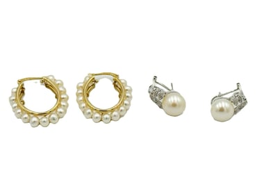 2 PAIRS 14K GOLD PEARL EARRINGS, 9 GRAMS