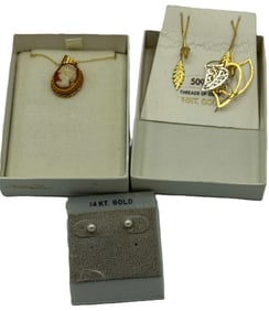 A 14K GOLD CAMEO NECKLACE AND 3 PAIRS 14K EARRINGS
