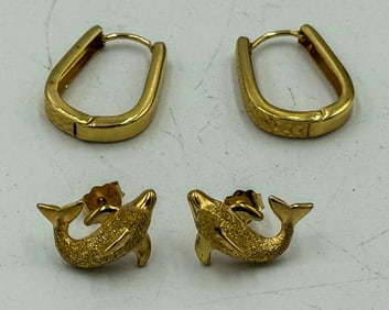 14K DOLPHIN EARRINGS AND HORSESHOE EARRINGS, 4.56 GRAMS