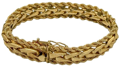 14K GOLD HAND ASSEMBLED BRACELET W/ BOX CLASP. 7" LONG AND 36.3 GRAMS