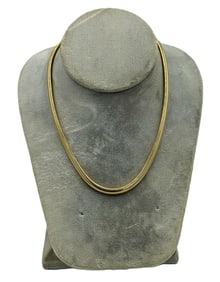 14K GOLD MACHINE MADE SNAKE LINK NECKLACE W/ FOLD OVER CLASP. 26" LONG AND 41.1 GRAMS