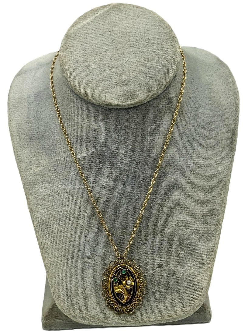 14K GOLD HAND ASSEMBLED PEARL AND CHRYSOPRASE FASHION PENDANT AND CHAIN W/ SPRING RING CLASP. 16.3 (1 of 8)