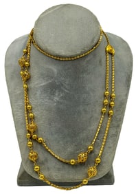 21K GOLD HAND MADE DOUBLE STRAND NECKLACE W/ LOBSTER CLAW CLASP, 30" AND 28" STRANDS. 50.2 GRAMS