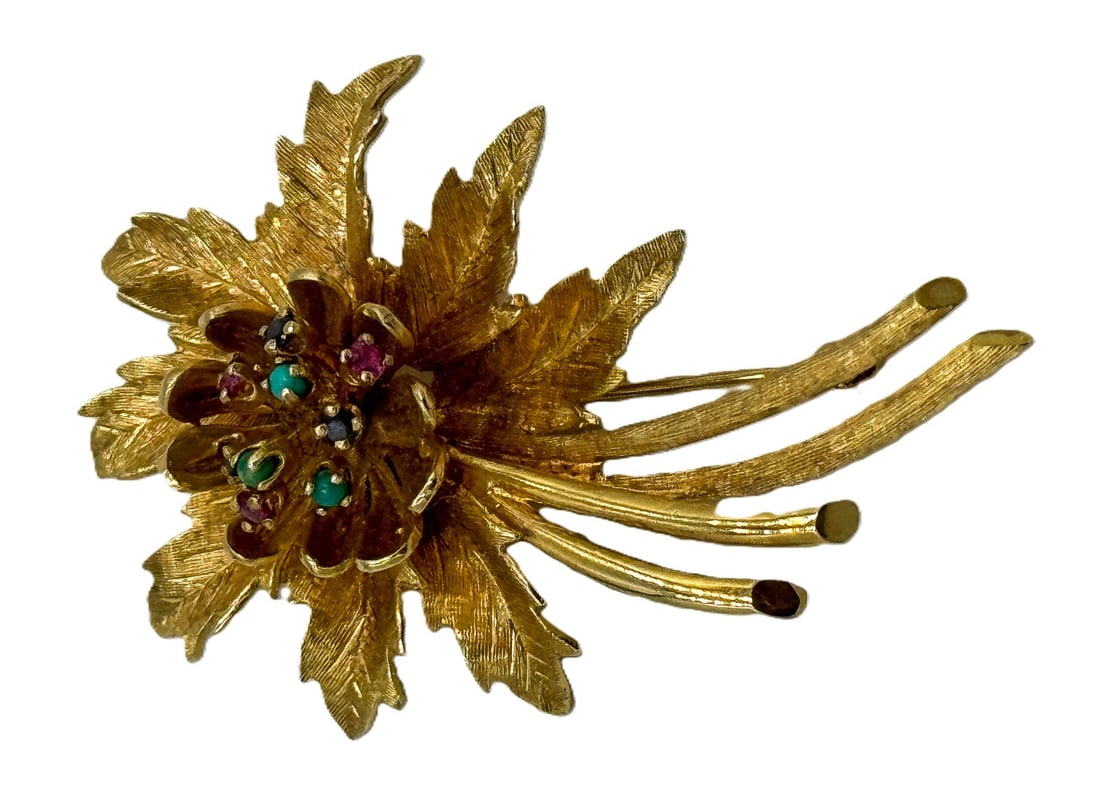 A 14K GOLD FOLIATE PIN W/ RUBIES, EMERALDS, AND SAPPHIRES. 14.9 GRAMS (1 of 4)