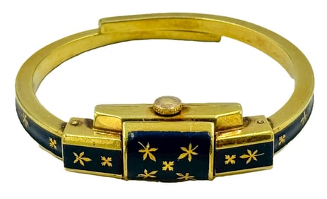 AN ENAMELED GOLD FILLED SWISS LADIES WRISTWATCH