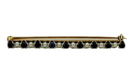 A 14K GOLD BAR PIN W/ SEED PEARLS AND SAPPHIRES, 3.3 GRAMS