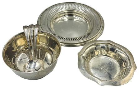3 STERLING SILVER DISHES AND 3 SPOONS, 12.8 TROY OUNCES
