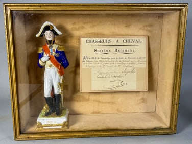 A FRENCH PORCELAIN MILITARY FIGURINE IN SHADOWBOX W/ SIGNATURE, 14" X 4" X 11"