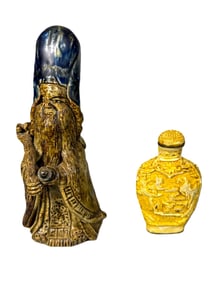 A CARVED CHINESE SNUFF BOTTLE AND A FIGURE, 3" AND 6"