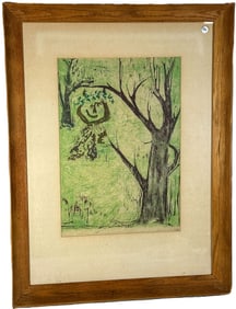 LARGE WOOD CUT PRINT, 25.5" X 34" FRAMED AND 13.5" X 20.5" SIGHT