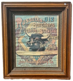 RUSSELLS BUTCHERS SKINNING AND STICKING KNIVES POSTER IN PERIOD FRAME, 30.5" X 35" FRAMED AND 19" X