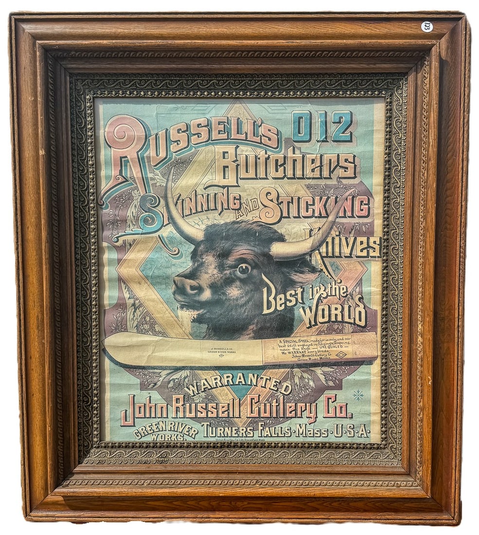 RUSSELLS BUTCHERS SKINNING AND STICKING KNIVES POSTER IN PERIOD FRAME, 30.5" X 35" FRAMED AND 19" X: RUSSELLS BUTCHERS SKINNING AND STICKING KNIVES POSTER IN PERIOD FRAME, 30.5" X 35" FRAMED AND 19" X 24" SIGHT