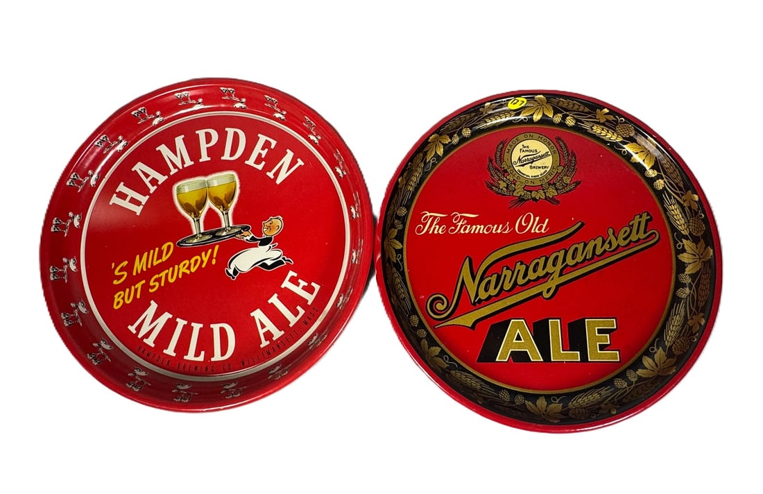 A HAMDEN BREWERY TRAY AND A NARRAGANSETT TRAY, 13" DIAMETER X 1.25" TALL (1 of 3)