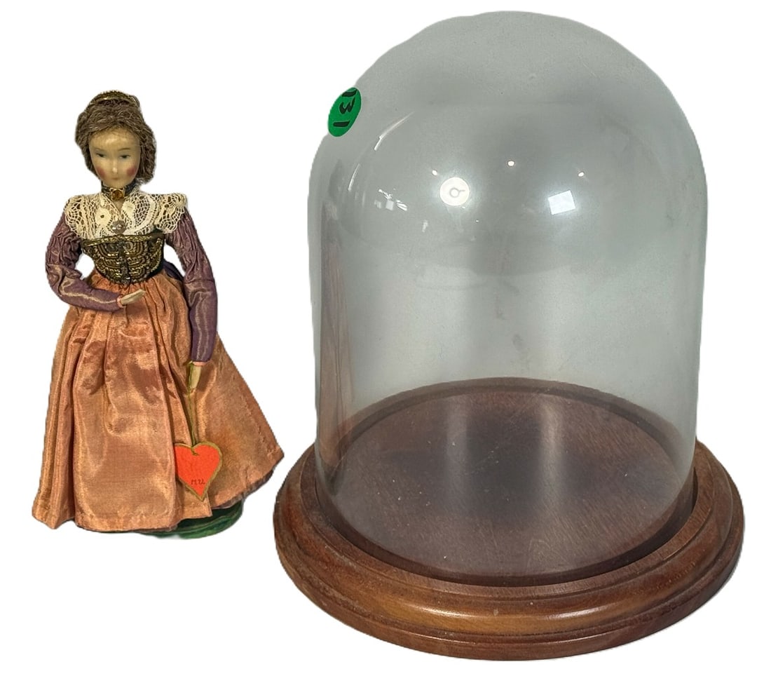 FOLK ART DOLL IN DOME CASE, 6" DIAMETER X 9" TALL: FOLK ART DOLL IN DOME CASE, 6" DIAMETER X 9" TALL