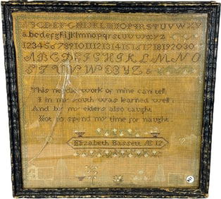 19TH C. SAMPLER BY ELIZABETH BASSETT, 19.5" X 19.5"