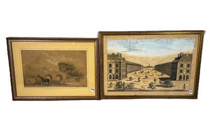 1820S PRINT OF PARIS AND A 19TH CENTURY CHARCOAL DRAWING OF A CASTLE, 13" X 20" AND 12" X 17"