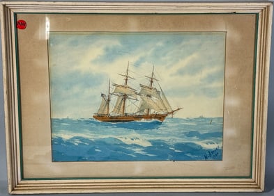N. ARTSAY WATERCOLOR OF AN AMERICAN SCHOONER, 1940. 16" X 22" FRAMED AND 11" X 15" SIGHT