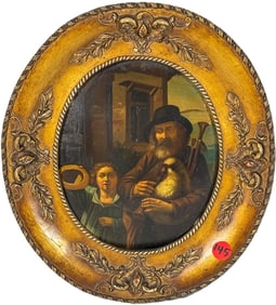 DUTCH GENRE PAINTING ON COPPER IN OVAL FRAME, 10" X 11.5" FRAMED AND 6" X 7.5" SIGHT