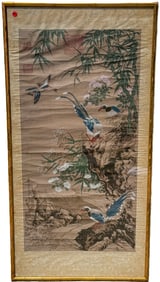 FRAMED CHINESE SCROLL OF BIRDS, 25" X 48" FRAMED AND 19" X 39" SIGHT