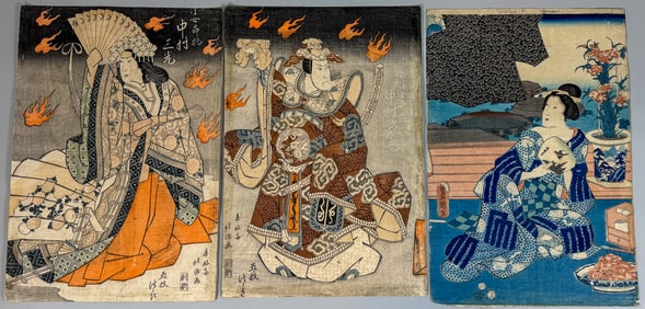3 JAPANESE PRINTS, SHUKOSAI HOKUSHU (1810-1832), ANOTHER EDO PRINT, AND UTAGAWA KUNISADA. 10" X 15"