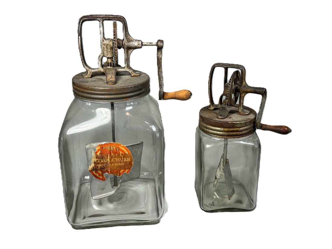 2 ANTIQUE GLASS BUTTER CHURNS, 16" AND 13" TALL (1 of 5)