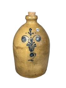 A BLUE DECORATED 2 GALLON STONEWARE JUG, 8" DIAMETER X 14" TALL