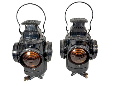 A PAIR OF ADLAKE NON SWEATING RAILROAD LAMPS(ELECTRIFIED), 9.5" X 9.5" X 18"