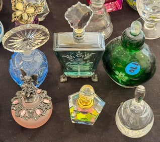 6 PERFUME BOTTLES, 5.5" AND SMALLER