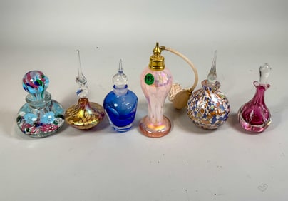 6 PERFUME BOTTLES, 7.5" AND SMALLER
