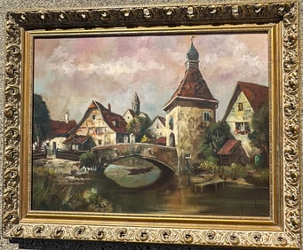 LARGE OIL PAINTING OF EUROPEAN SCENE SIGNED ILLEGIBLY, 31" X 40" FRAMED AND 23" X 31" SIGHT